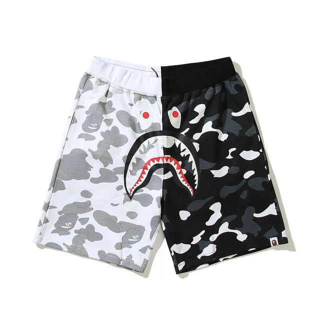 BAPE Style Split-Color Camo Shark Casual Shorts - White/Black Hover Image