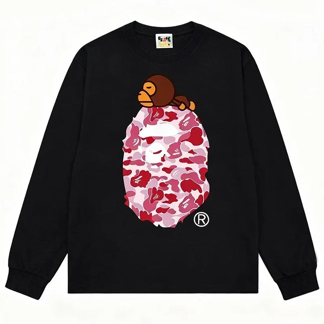 BAPE Style Baby Milo on Camo Ape Head Long-Sleeve Tee - Black/Pink Hover Image