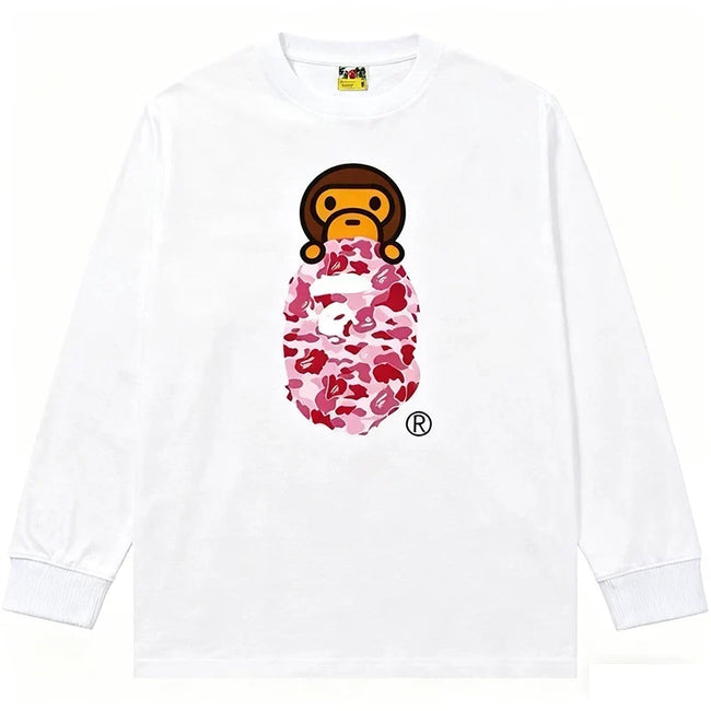 BAPE Style Baby Milo Peeking on Camo Ape Head Long-Sleeve Tee - White/Pink Hover Image