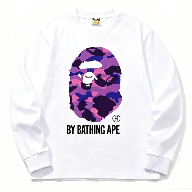 BAPE Style "BY BATHING APE" Camo Ape Head Long-Sleeve Tee - White/Purple Hover Image