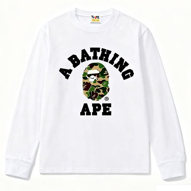 BAPE Style Collegiate Arc Logo & Camo Ape Head Long-Sleeve Tee - White/Green Hover Image