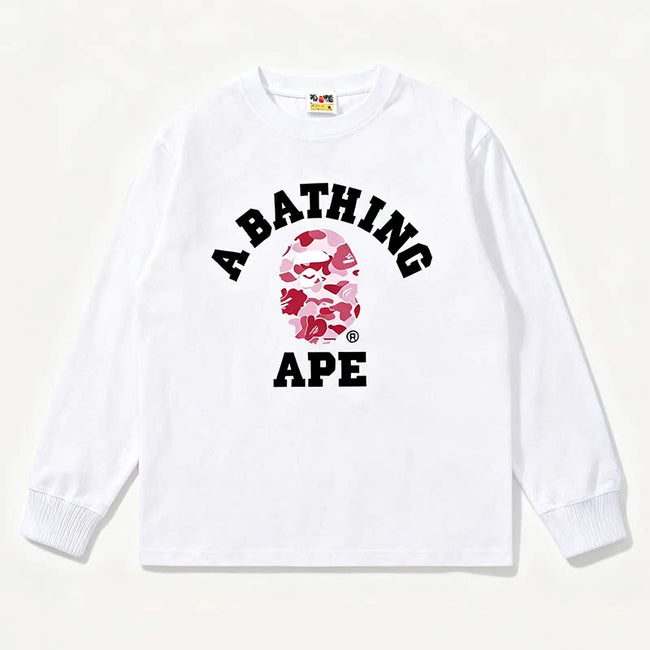 BAPE Style Collegiate Arc Logo & Camo Ape Head Long-Sleeve Tee - White/Pink Hover Image