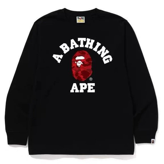 BAPE Style Collegiate Arc Logo & Camo Ape Head Long-Sleeve Tee - Black/Purple Hover Image
