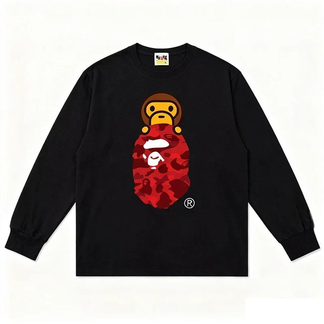 BAPE Style Baby Milo Peeking on Camo Ape Head Long-Sleeve Tee - Black/Red Hover Image
