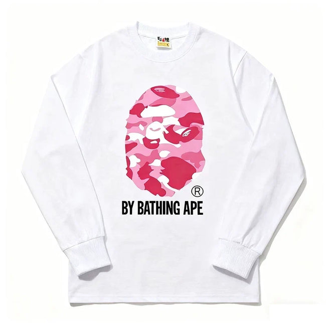 BAPE Style "BY BATHING APE" Camo Ape Head Long-Sleeve Tee - White/Pink Hover Image