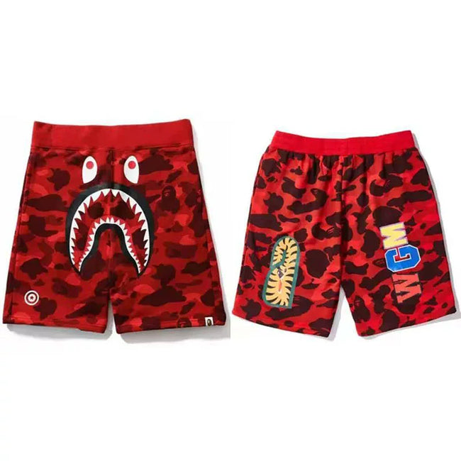 BAPE Style Camo Shark Casual Shorts - Red Hover Image