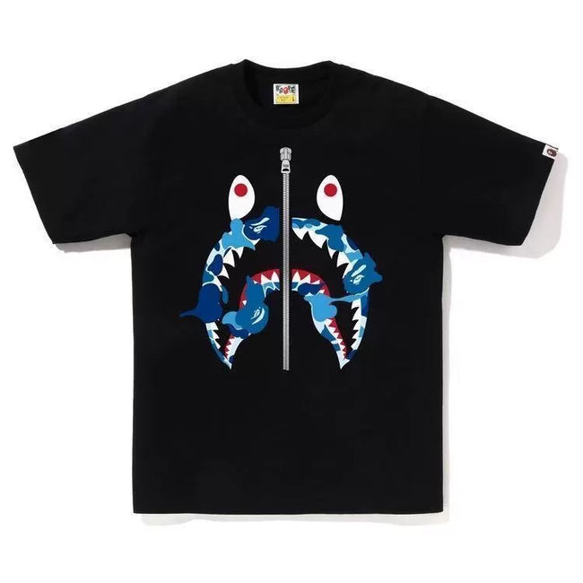 BAPE Style Camo Shark Full-Zip Motif Short-Sleeve Tee - Black/Blue Hover Image
