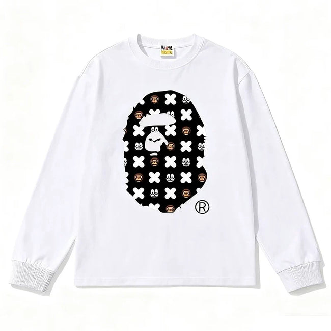 BAPE Style All-Over Cartoon Print Ape Head Long-Sleeve Tee - White Hover Image
