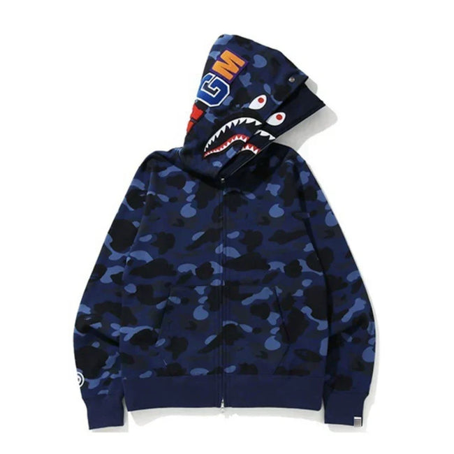 BAPE Style Camo Shark Full-Zip Hoodie - Blue Hover Image