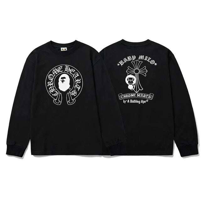 BAPE x Chrome Hearts Style Horseshoe & Cross Long-Sleeve Tee - Black Hover Image