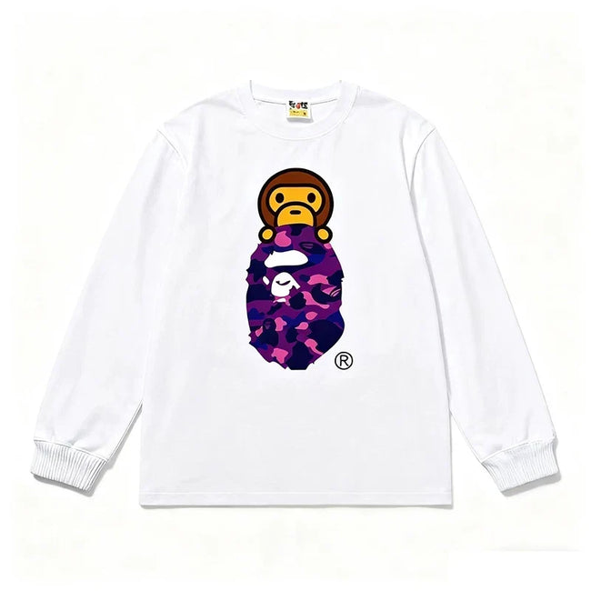 BAPE Style Baby Milo Peeking on Camo Ape Head Long-Sleeve Tee - White/Purple Hover Image