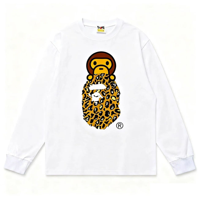 BAPE Style Baby Milo on Leopard Camo Ape Head Long-Sleeve Tee - White/Leopard Hover Image