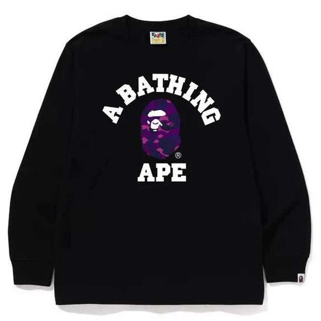 BAPE Style Collegiate Arc Logo & Camo Ape Head Long-Sleeve Tee - Black/Purple Hover Image