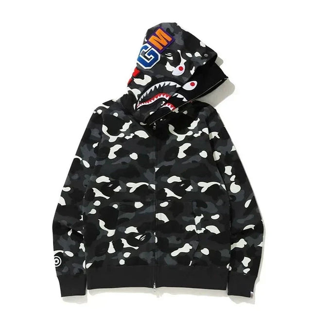 BAPE Style Camo Shark Full-Zip Hoodie - Black/Grey Hover Image