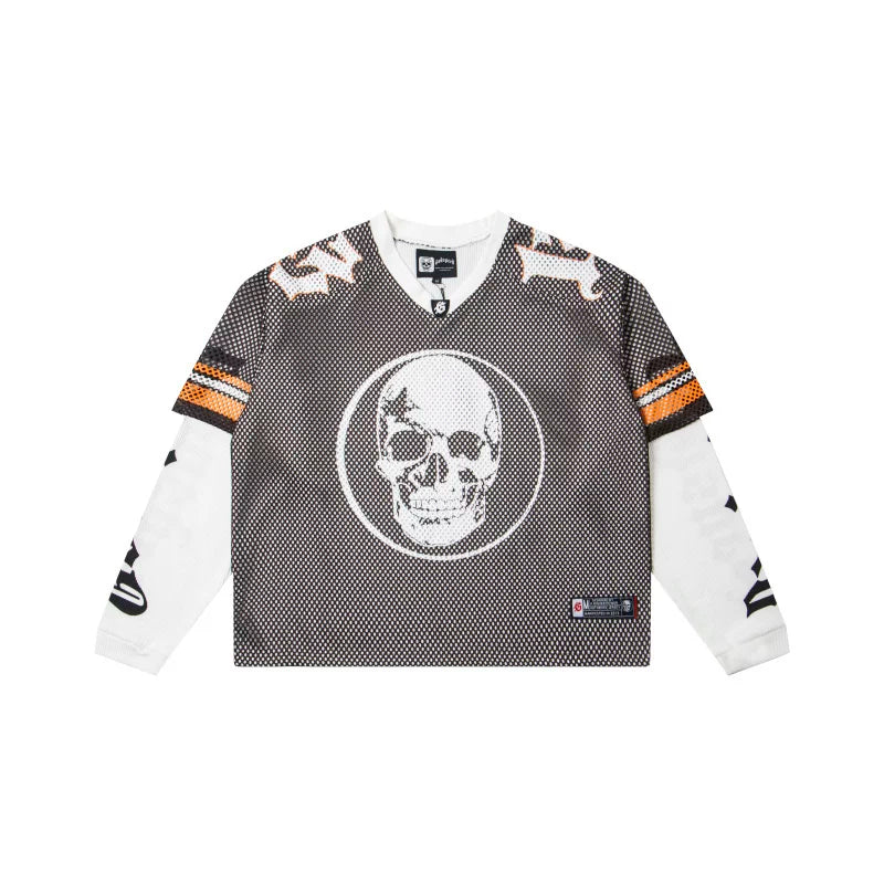 "Godspeed" Layered Mesh Skull Long Sleeve Jersey (Grey/White/Orange)