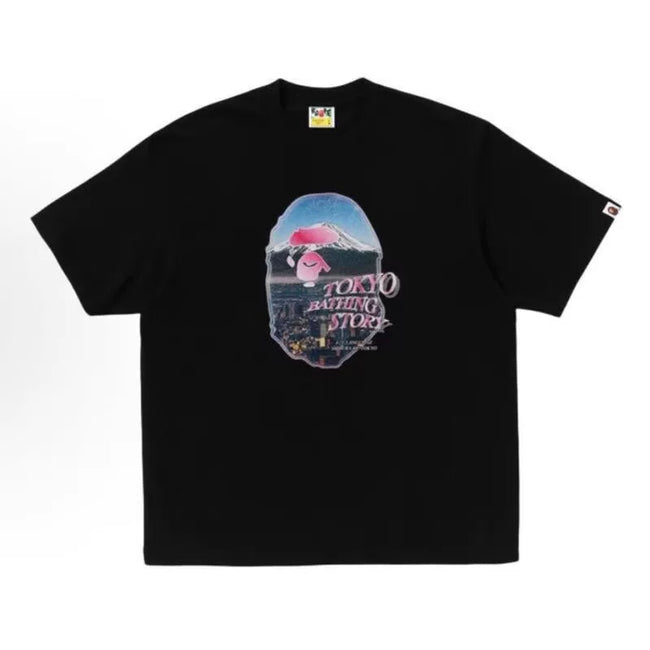 BAPE Style "Tokyo Bathing Story" Mt. Fuji Ape Head Tee - Black Hover Image