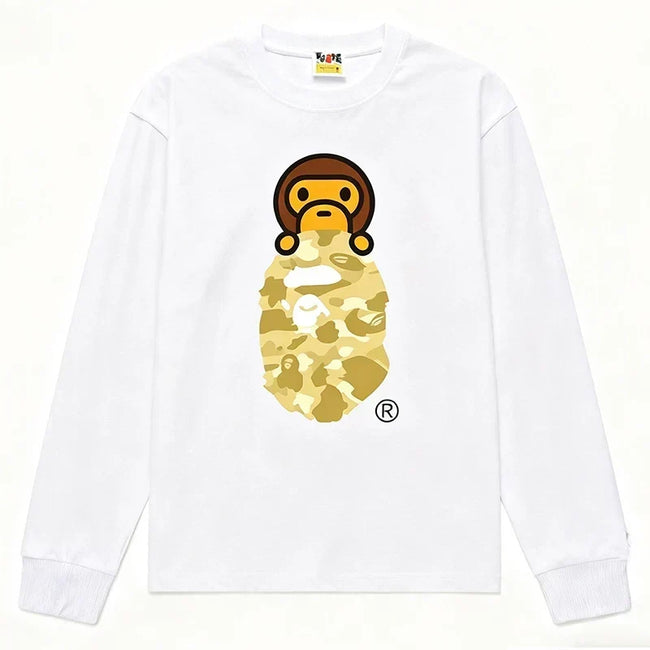 BAPE Style Baby Milo Peeking on Camo Ape Head Long-Sleeve Tee - White/Yellow Hover Image