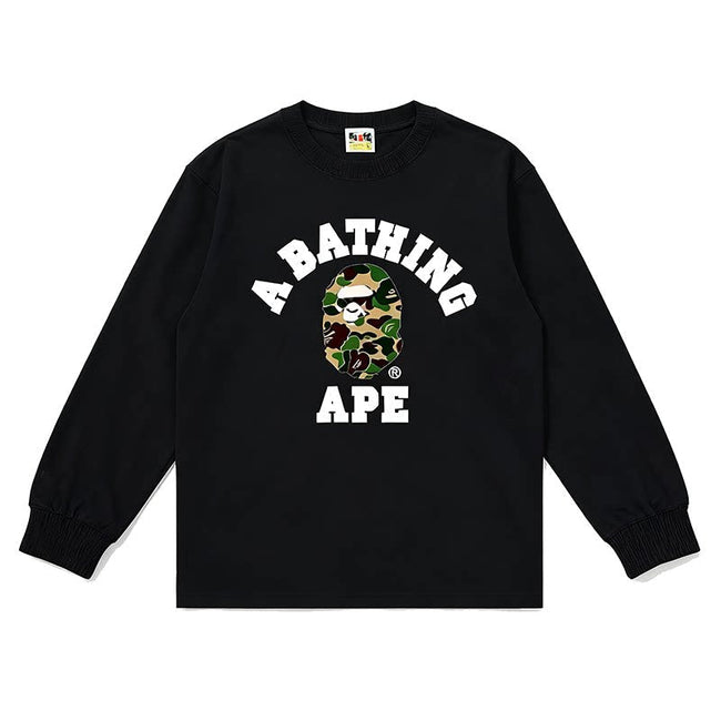 BAPE Style Collegiate Arc Logo & Camo Ape Head Long-Sleeve Tee - Black/Green Hover Image