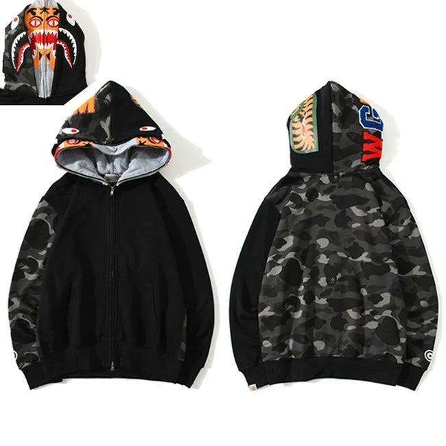 BAPE Style Colorblock Shark Full-Zip Hoodie - Black/Grey Camo Hover Image