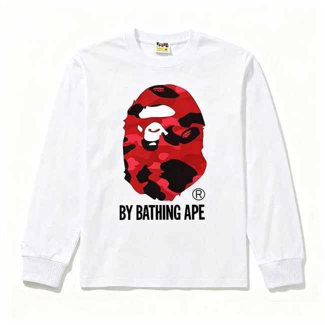 BAPE Style "BY BATHING APE" Camo Ape Head Long-Sleeve Tee - White/Red Hover Image