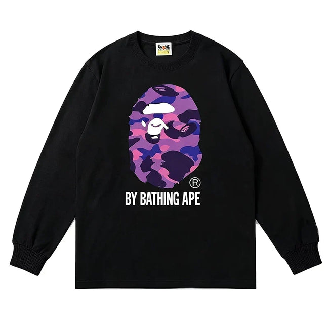 BAPE Style "BY BATHING APE" Camo Ape Head Long-Sleeve Tee - Black/Purple Hover Image