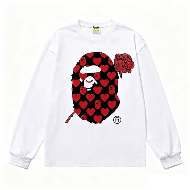 BAPE Style Heart & Rose Ape Head Long-Sleeve Tee - White/Red-Black Hover Image