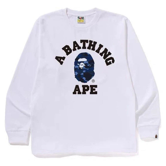 BAPE Style Collegiate Arc Logo & Camo Ape Head Long-Sleeve Tee - White/Blue Hover Image