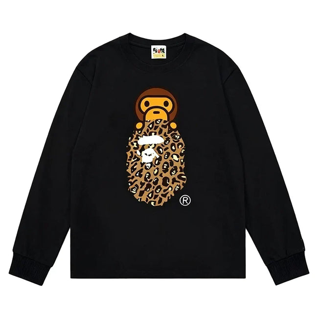 BAPE Style Baby Milo on Leopard Camo Ape Head Long-Sleeve Tee - Black/Leopard Hover Image