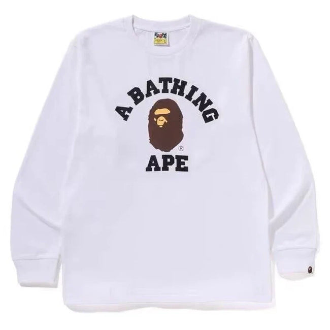 BAPE Style Collegiate Arc Logo & Ape Head Long-Sleeve Tee - White Hover Image