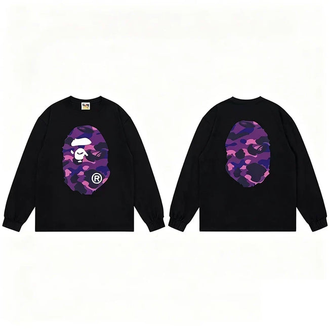 BAPE Style Big Camo Ape Head Long-Sleeve Tee - Black/Purple Hover Image
