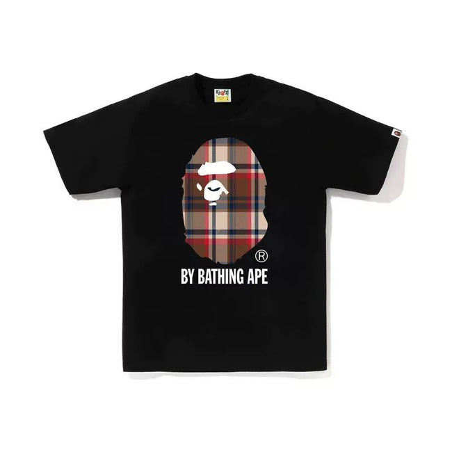 BAPE Style Tartan Plaid Big Ape Head Short-Sleeve Tee - Black/Red Hover Image