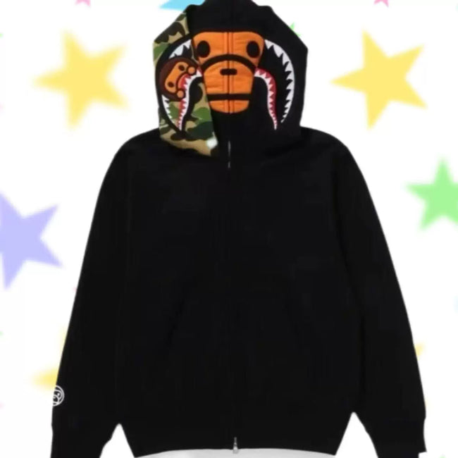 BAPE Style Solid Black Shark Full-Zip Hoodie - Green Camo Ape Interior Hover Image