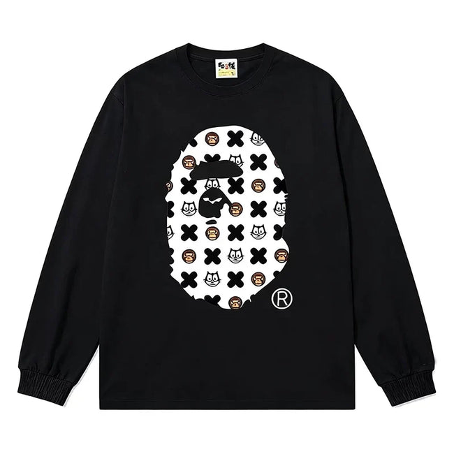 BAPE Style All-Over Cartoon Print Ape Head Long-Sleeve Tee - Black Hover Image