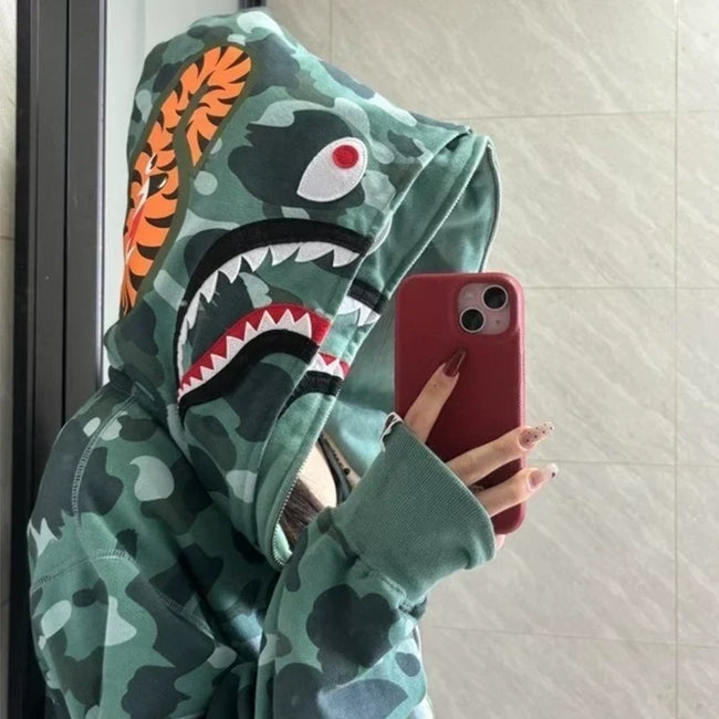 BAPE Style Camo Shark Full-Zip Hoodie - Classic Green Hover Image