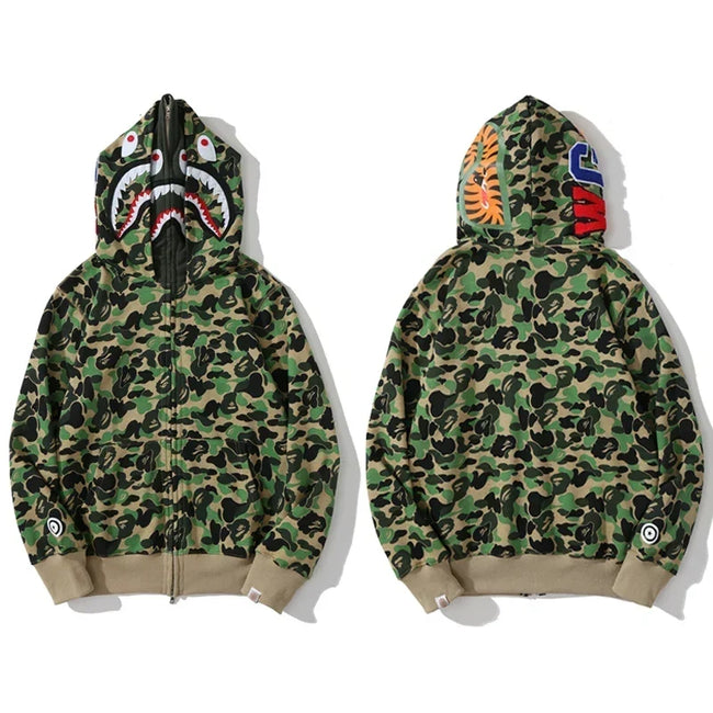 BAPE Style Camo Shark Full-Zip Hoodie - Classic Green Hover Image