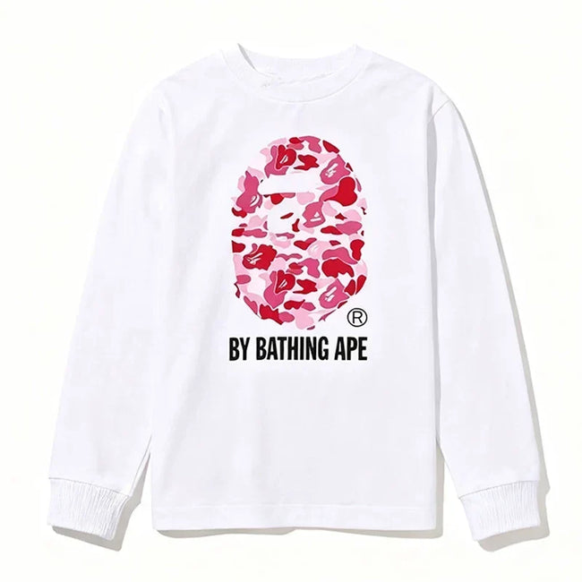 BAPE Style "BY BATHING APE" Camo Ape Head Long-Sleeve Tee - White/Pink Hover Image