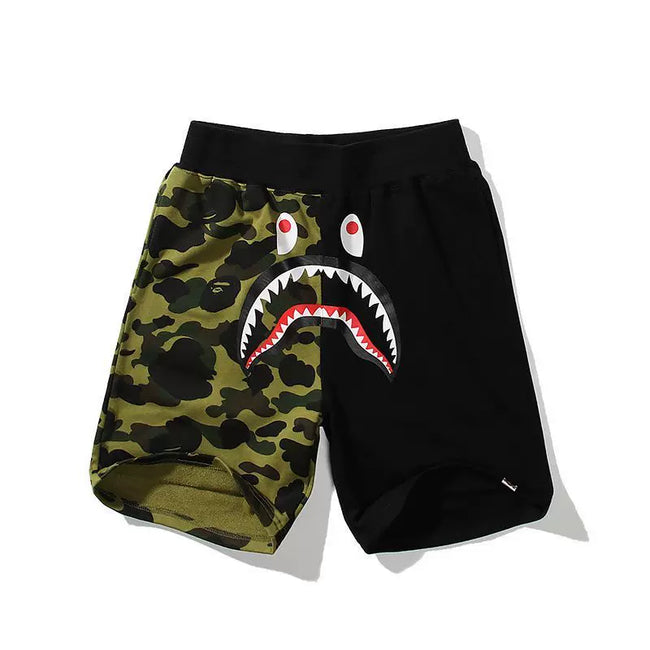 BAPE Style Split-Color Camo Shark Casual Shorts - Green/Black Hover Image