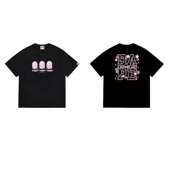 BAPE Style Cherry Blossom Ape Head Graphic Short-Sleeve Tee - Black Hover Image