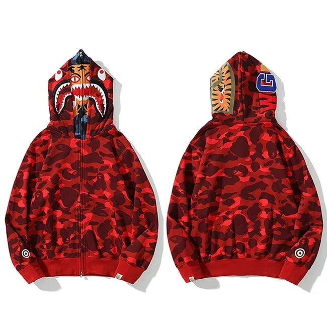 BAPE Style Camo Tiger Full-Zip Hoodie - Red Hover Image