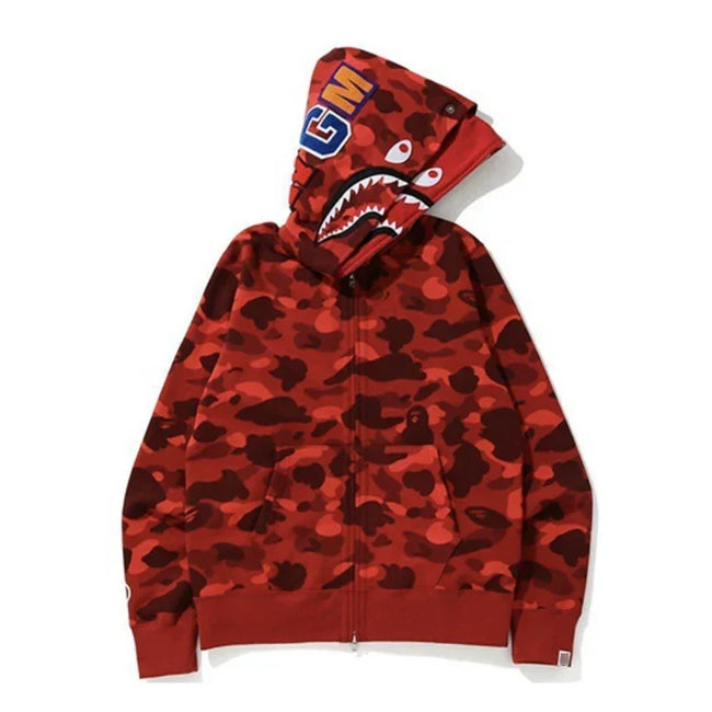 BAPE Style Camo Shark Full-Zip Hoodie - Red Hover Image