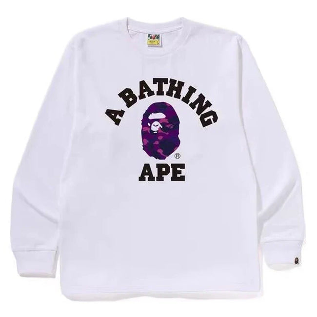 BAPE Style Collegiate Arc Logo & Camo Ape Head Long-Sleeve Tee - White/Purple Hover Image