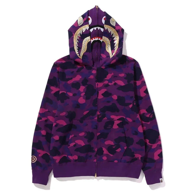 BAPE Style Camo Gold Shark Teeth Full-Zip Hoodie - Purple Hover Image