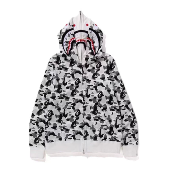 BAPE Style Camo Shark Full-Zip Hoodie - Black/White/Grey Hover Image