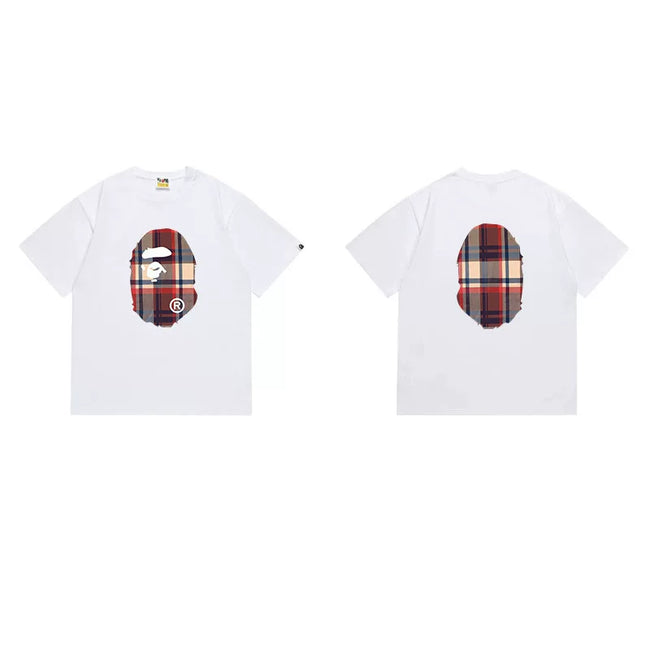 BAPE Style Tartan Plaid Ape Head Short-Sleeve Tee - White Hover Image