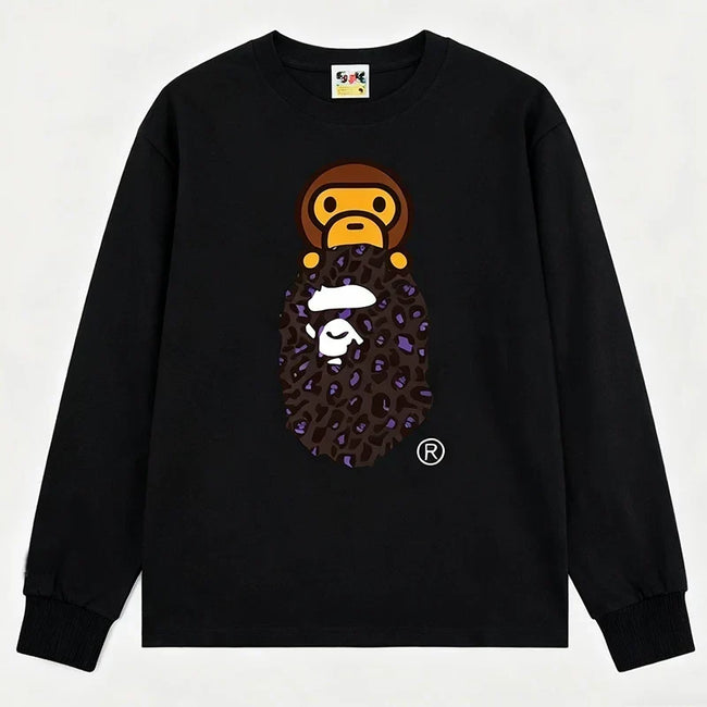 BAPE Style Baby Milo on Dark Leopard Camo Ape Head Long-Sleeve Tee - Black/Dark Leopard Hover Image