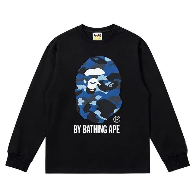BAPE Style "BY BATHING APE" Camo Ape Head Long-Sleeve Tee - Black/Blue Hover Image
