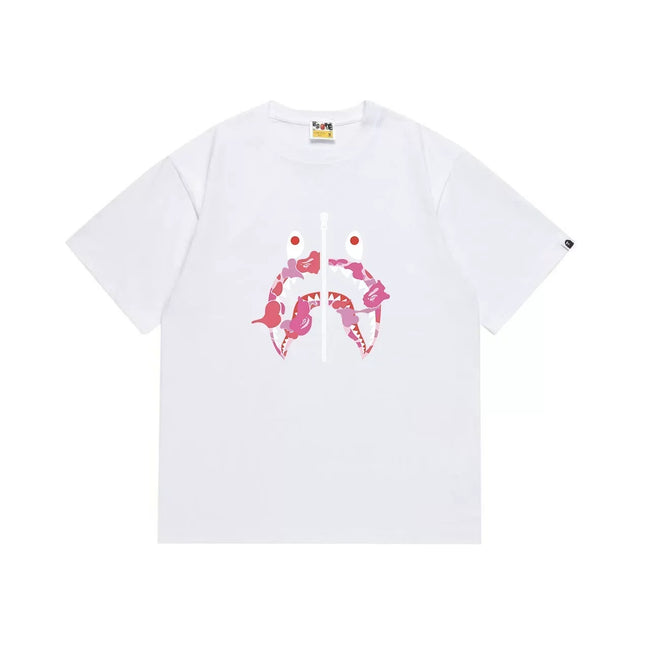 BAPE Style Camo Shark Full-Zip Motif Short-Sleeve Tee - White/Pink Hover Image