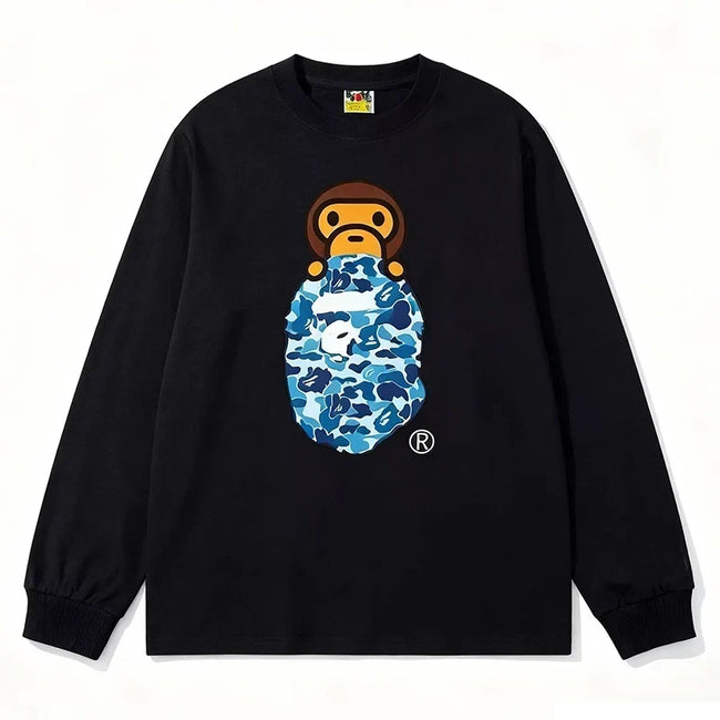 BAPE Style Baby Milo Peeking on Camo Ape Head Long-Sleeve Tee - Black/Blue Hover Image