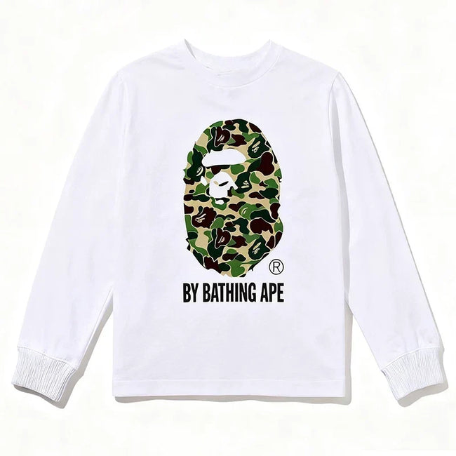 BAPE Style "BY BATHING APE" Camo Ape Head Long-Sleeve Tee - White/Green Hover Image