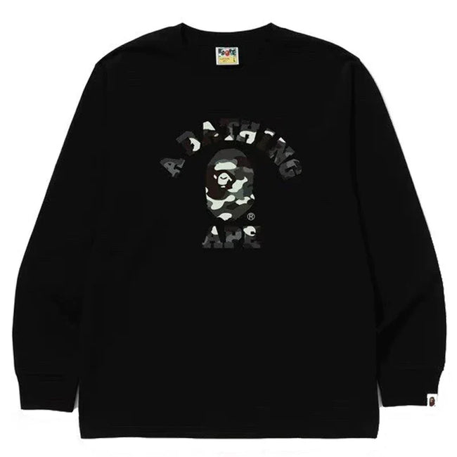 BAPE Style Arch Logo Monochrome Camo Ape Head Long-Sleeve Tee - Black Hover Image